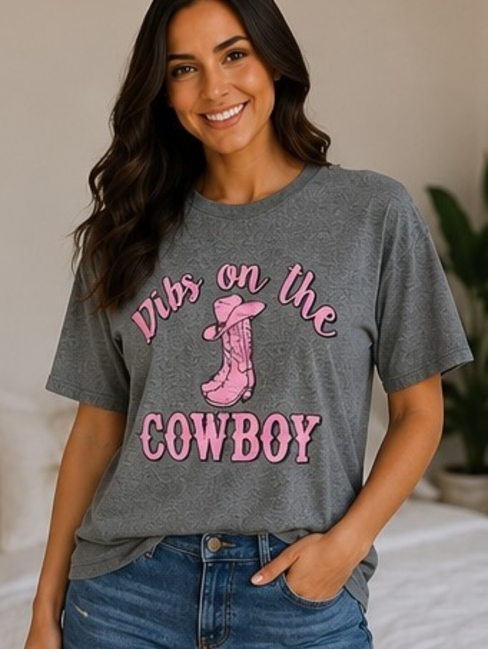 Gray 'Dibs on the Cowboy' Graphic Tee with Pink Print